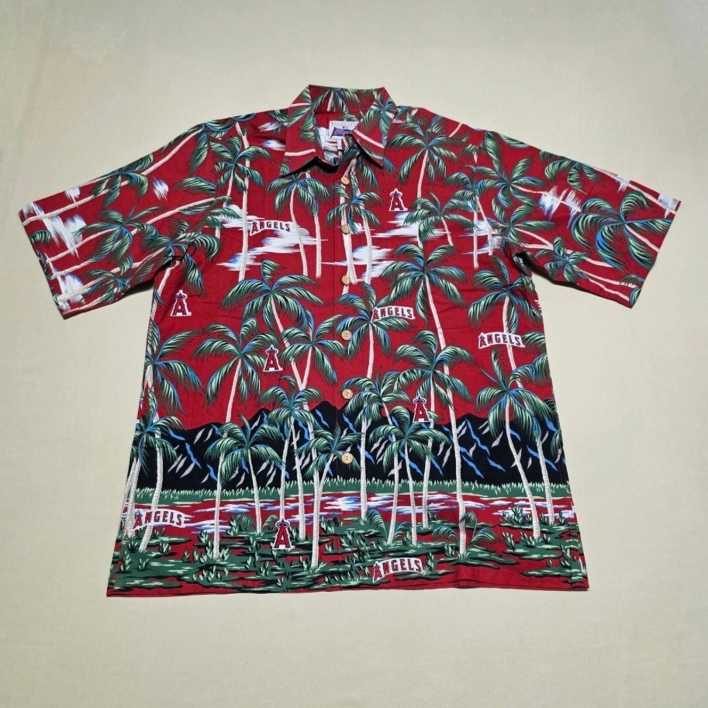 Reyn Spooner MLB Los Angeles Angels Hawaiian Shirt Red Palm Tree Mens Medium